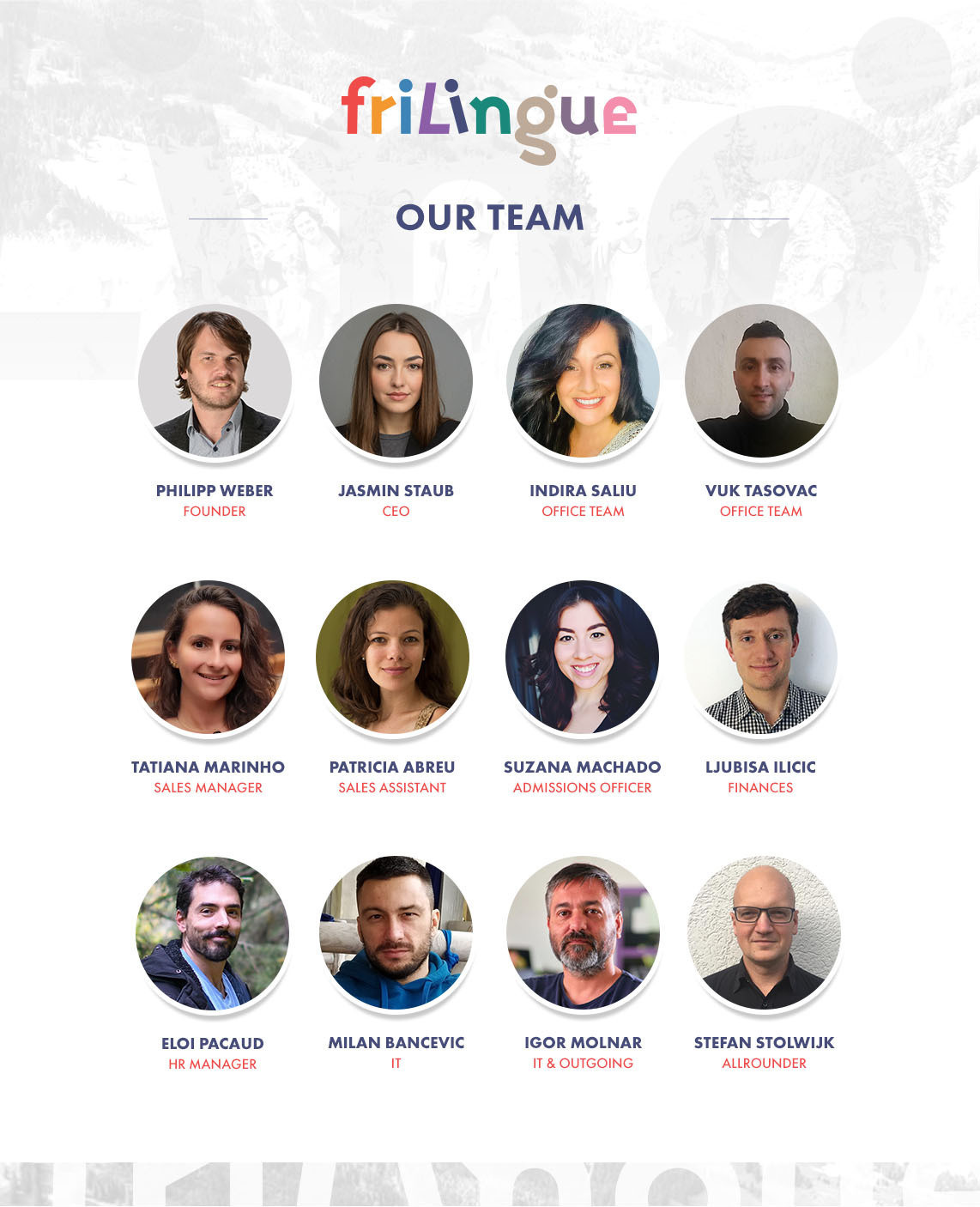 Originales friLingue-Teamfoto mit Philipp Weber, Jasmin Staub, Indira Saliu, Tatiana Marinho und Patricia Abreu